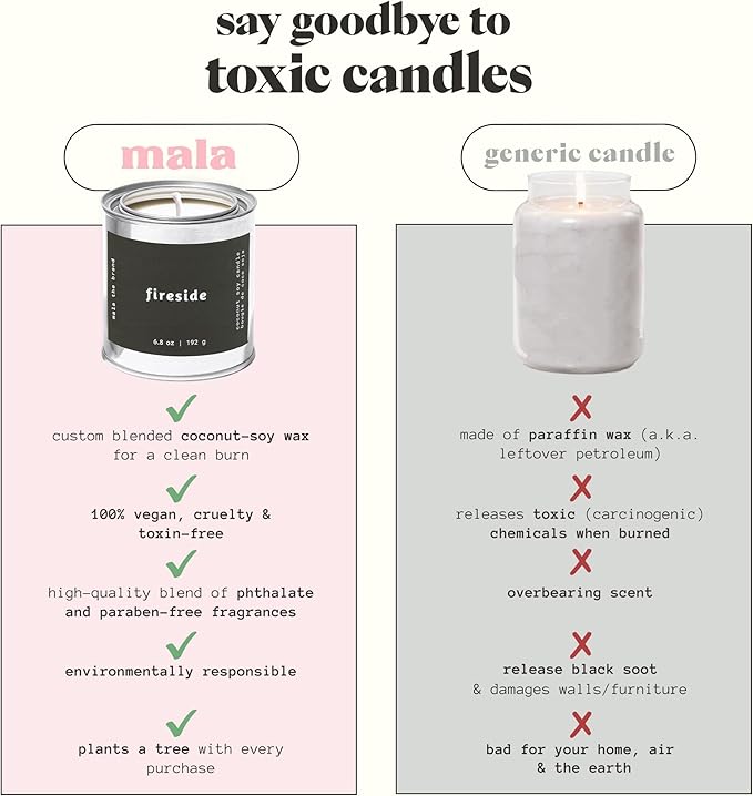 Mala Fireside - Black Amber, Musk and Lavender Candle - Vegan Soy Hand Poured Aromatherapy Candle with 45 Hour Burn - Classic 6.8 oz Size