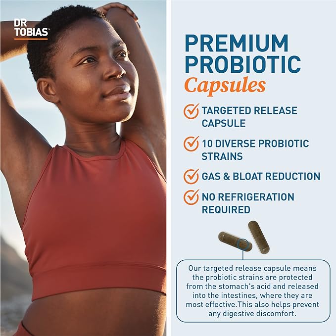 Dr. Tobias Probiotics 30 Billion, 10 Strains, 30 Billion CFU's, Targeted Release Probiotics for Women & Men, Supports Digestive Health, Shelf-Stable, Non-GMO, 90 Capsules, 90 Servings