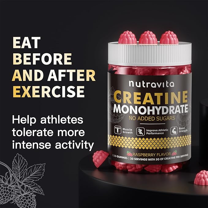 Nutravita Creatine Monohydrate Gummies for Men & Women-5g of Creatine Monohydrate per Serving - Sugar Free,Vegan, Raspberry Flavor, 120 Count