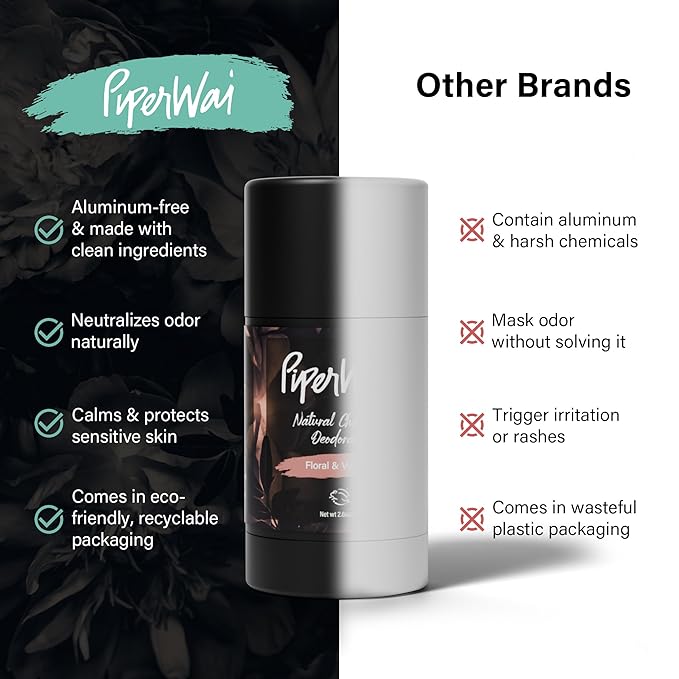 PiperWai Natural Deodorant w/Activated Charcoal | Odor Protection, Vegan, Aluminum Free, Shark Tank Product for Women & Men | Great for Travel, & Gifts | 2.6 oz (75g) Floral Vanilla Scented Stick