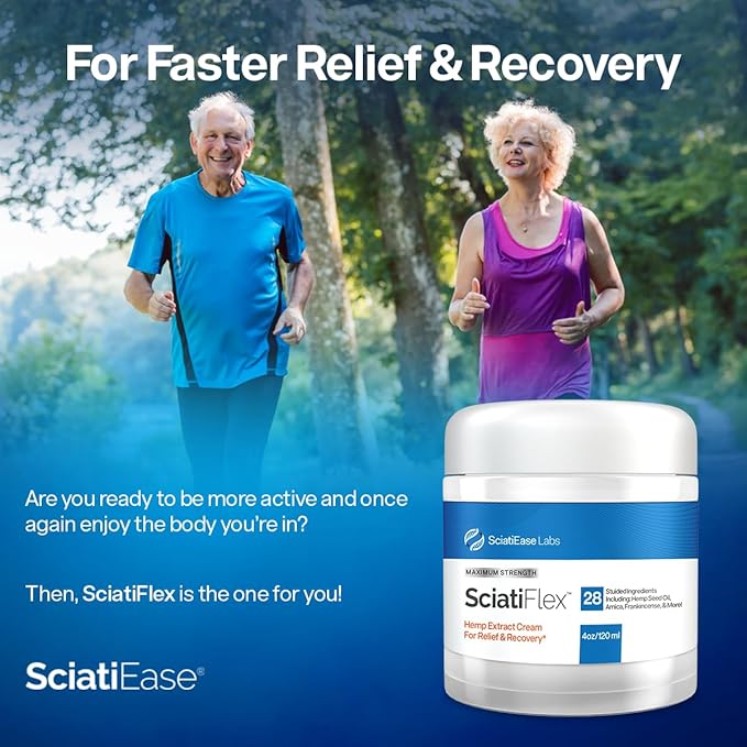 SciatiFlex Topical Sciatic Cream - Maximum Strength for Sciatic Nerve Discomfort in The Lower Back, Hips, Buttocks, Legs and Feet - Hemp Cream with Arnica Extract, Shea Butter, Aloe Vera - 4oz