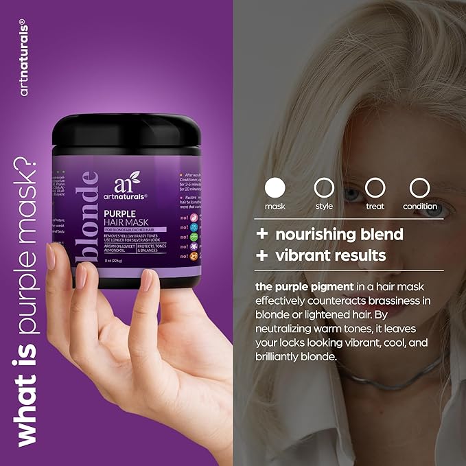 Artnaturals Purple Hair Mask for Blonde, Silver & Platinum Hair - Removes Yellow Brassy Color, Repairs Dry & Bleached Hair - Deep Conditioning Treatment Hair Moisturizer - Sulfate Free (8 Oz/226g)