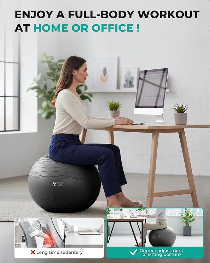 Gruper Yoga Ball, Extra Thick Exercise Ball for Workout Pregnancy Stability - 4 Sizes Anti Burst Balance Ball for Yoga, Pilates, Fitness, Birthing, Physical Therapy - Includes Pump