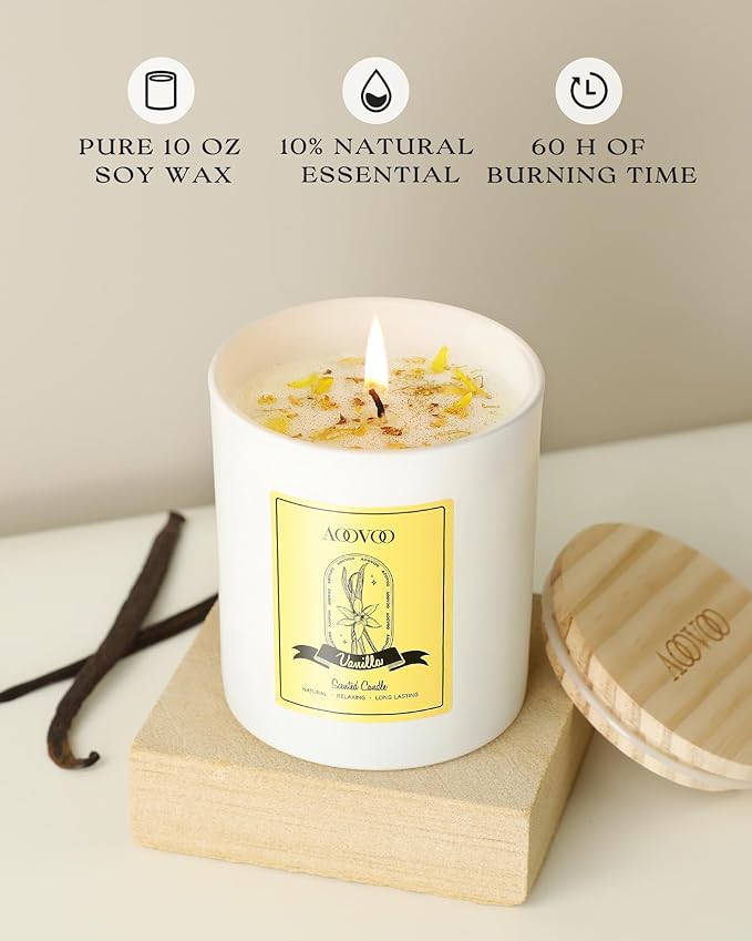 AOOVOO Vanilla Scented Candles for Women - Aromatherapy Candle with Crystals Inside, 10oz Soy Candles for Home Scented, Gifts for Women Mom