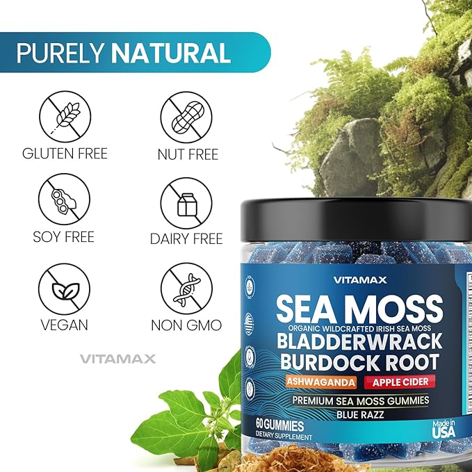 Vitamax Irish Sea Moss Gummies, Sea Moss, Bladderwrack, Ashwagandha, Burdock Root, ACV - Multi-Mineral - Non-GMO and Vegan – Made in USA – 60ct
