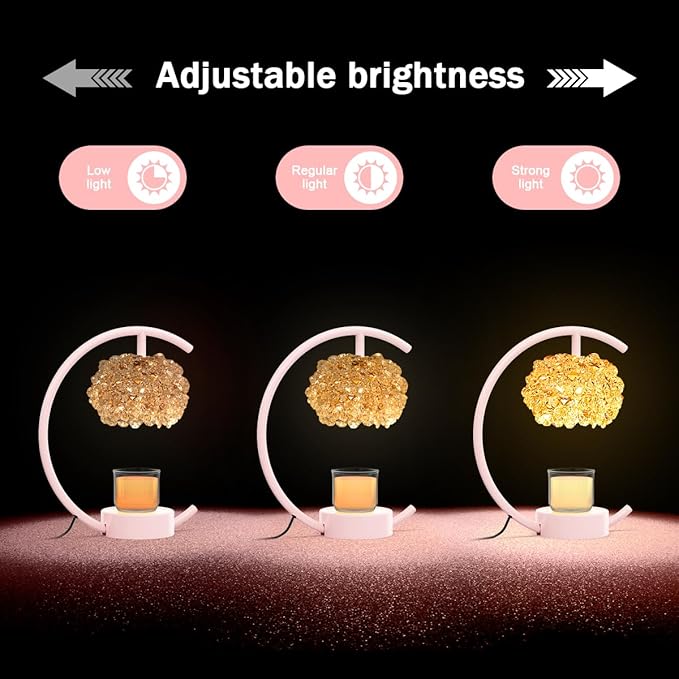 Pink Candle Warmer Lamp for Jar Candles with Adjustable Brightness&Timer,Handcrafted Crystal&Wooden Base,Candle Lamp Luxurious Design+2Bulbs,Home Decoration Electric Candle lamp(C-Shaped)