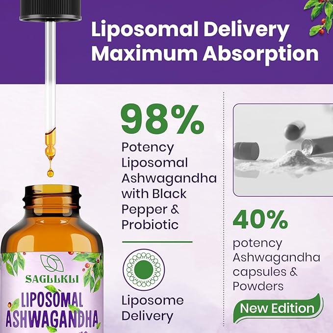 Liposomal Ashwagandha Liquid Drops 2000mg, Ashwagandha Root Extract Supplement (7% Withanolides) with Black Pepper Extract & Probiotics for Focus, Cognition & Energy - 4 FL.OZ (2 Bottle)