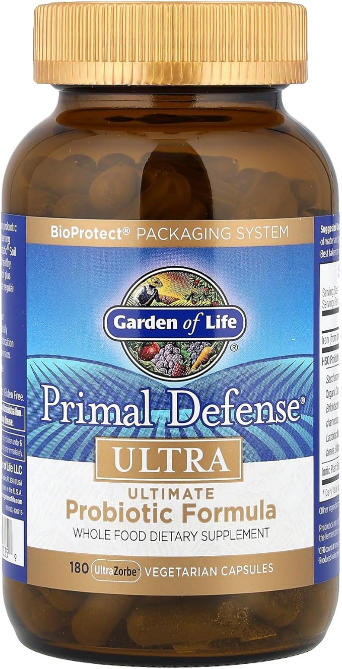 Garden of Life Probiotics for Digestive Health and Gut Health Balance, Primal Defense Ultra Ultimate Formula, 15 Billion CFU and 13 Strains Plus HSOs, Vegetarian and Gluten Free, 180 Capsules
