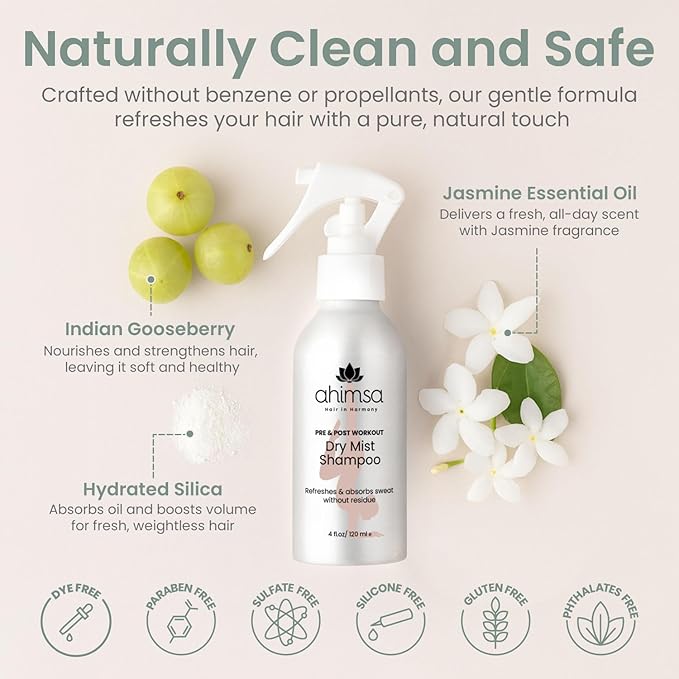 Ahimsa Non Aerosol Dry Shampoo Mist Spray 120ml - Post Workout Dry Shampoo Spray for Women Natural No White Residue, Volumizing Refreshing Hair Care, Effectively Absorbs Oil and Sweat, Jasmine Aroma