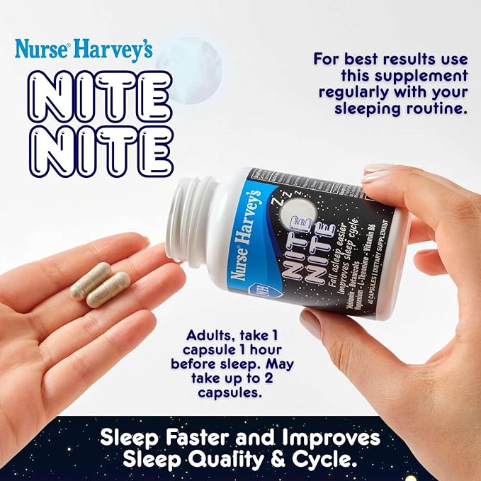 Nurse Harvey's Nite Nite Adult Sleep Capsules with 3mg Melatonin, Magnesium Bisglycinate, Vitamin B6, Natural Sleep Aid for Adults โ 60 Vegan Capsules for Improved Sleep Cycle & Quality