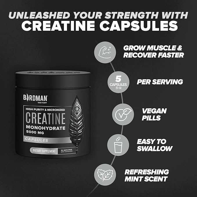 BIRDMAN Micronized Creatine Monohydrate Capsules for Muscle Growth & Recovery, Pre & Post Workout, Vegan Creatine, Caffeine Free, Gluten Free, Sugar Free | 50 Servings | 250 Capsules