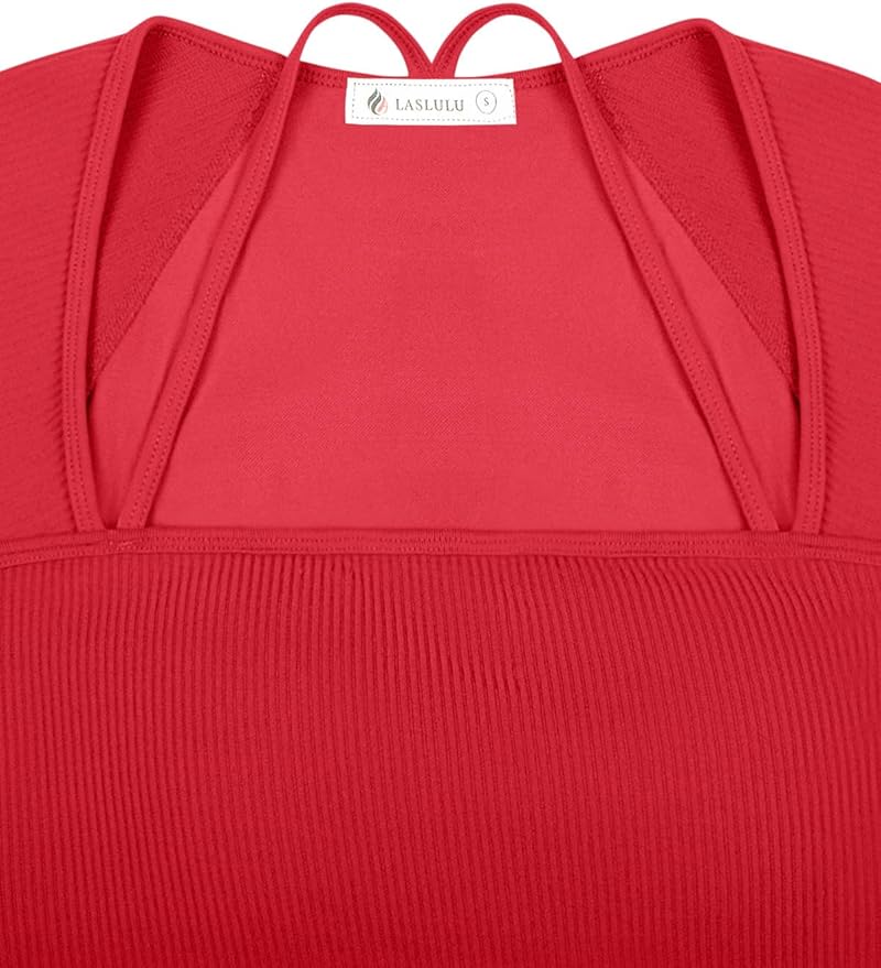 LASLULU Womens Sexy Square Neck Crop Top Ribbed Seamless Long Sleeve Workout Tops Halter Neck Athletic Yoga