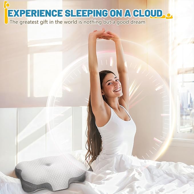 2 Pack Dream Without Pain Cervical Neck Support Pillow for Sleeping - Ergonomic Side Sleeper Pillows with Dual-Density Memory Foam, Cooling Pillow for Back Stomach Sleepers