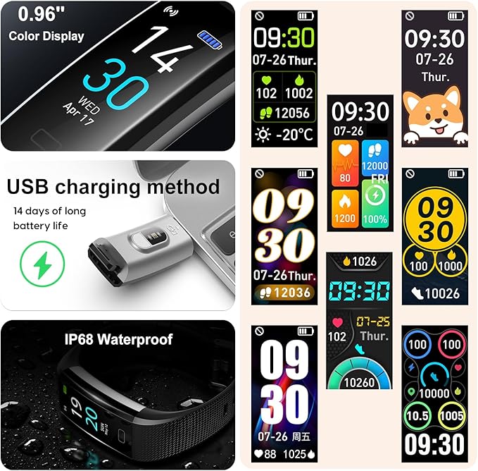 Fitness Tracker with Step/Distance/Calories Counter, Activity Tracker with Heart Rate Monitor, Slim Style Watch IP68 Waterproof, Sleep Monitor Tracker, Pedometer Watch for Women Men