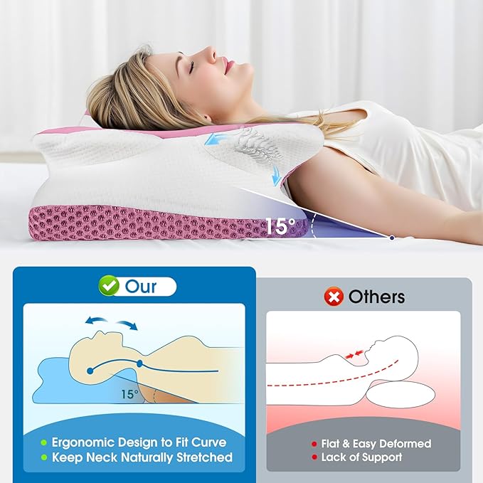 CloudBliss Cervical Memory Foam Pillow for Neck and Shoulder, Contour Neck Support Pillow with Cooling Case, Ergonomic Bed Pillow, Support for Side Back Stomach Sleepers (Pink, King Size)