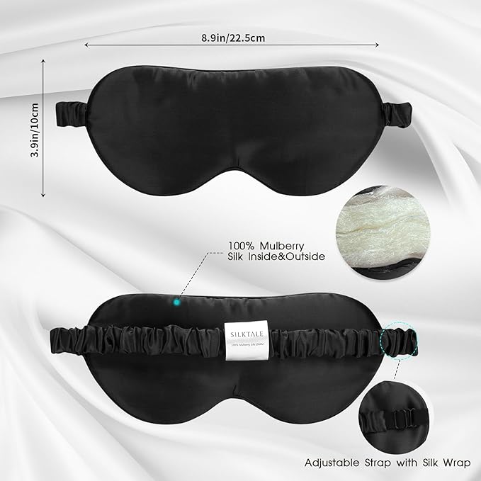 100% Mulberry Silk Eye Mask for Sleeping with Silk Wrapped Adjustable Strap,Black