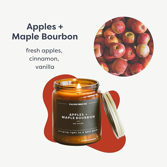 Calyan Wax Co. Soy Wax Candle, Apples + Maple Bourbon Scented Candle, 57 Hour Burn Time, Aromatherapy Soy Candles, Non Toxic & Vegan Soy Wax, Amber Glass Jar Scented Candles, 7.2oz