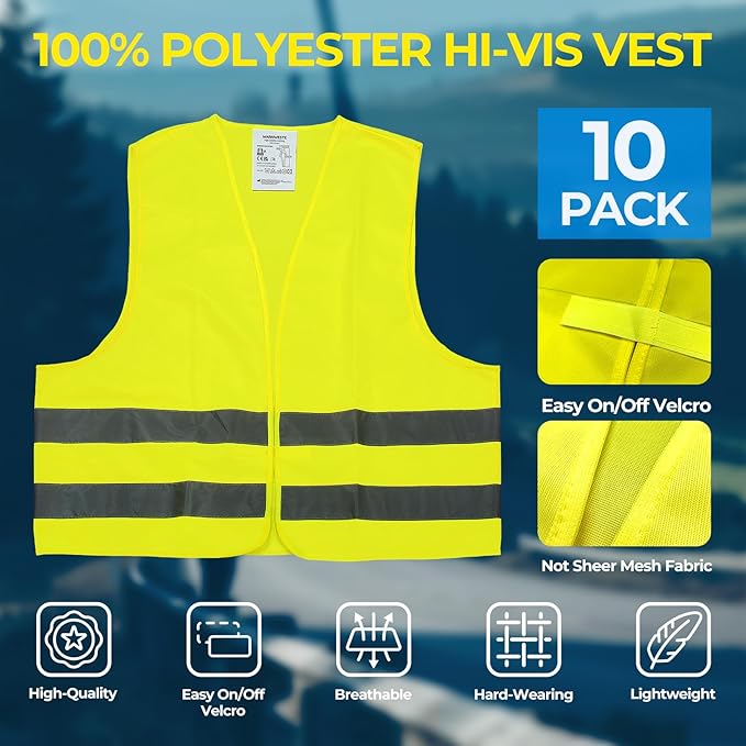 10 Pack Yellow Safety Vests, Bulk High Visibility Vest for Men / Woman(S-2XL), Adult Reflective Running Vest, Wholesale Work Vests For Construction,Running, Security,Cycling,Warehousing,Municipal