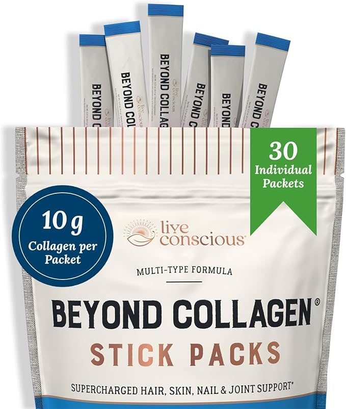 Live Conscious Beyond Collagen Peptides Powder Unflavored Packets-Hydrolyzed Collagen Powder-Hair Skin Nail & Joint Support- Multi Type Collagen Supplements for Women & Men 30 Pack (2pk)