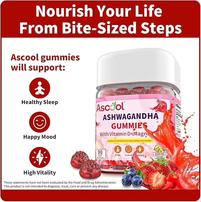 Ashwagandha Gummies with Vitamin D & Magnesium – Sugar-Free, Vegan, Non-GMO, Gluten & Gelatin Free – Supports Stress Relief – Mixed Berry Flavor, 90 Count