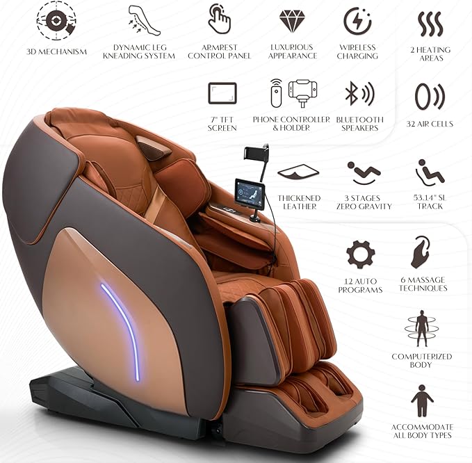 3D Massage Chair, Full Body Massage Chair, Zero Gravity Recliner w/Dynamic Leg Kneading System, 53.14" SL Track, Sleek Appearance, 12 Auto Modes, Wireless Charging, Bluetooth Speaker, TFT Screen