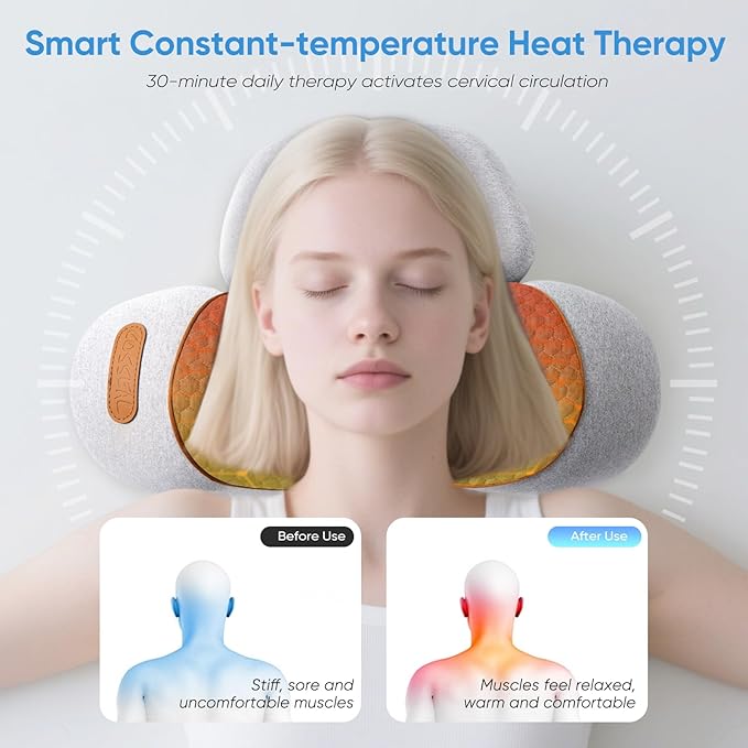 Neck Massager Pillow, 4-in-1 Neck Massager with Heat Massage and Stretching to Relieve Pain Boost Circulation,and Restore Natural Alignment (Light Gray)