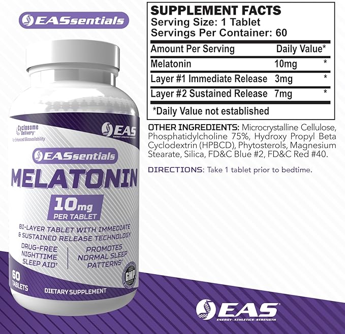EAS Melatonin 10mg | Drug-Free Nighttime Sleep Aid | Immediate & Sustained Release Technology | Better Absorption with Cyclosome Delivery | 60 Tablets