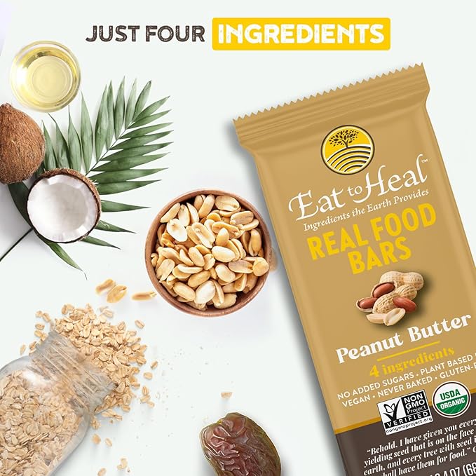 EatToHeal Peanut Butter Real Food Bar - Organic Vegan Healthy High Protein Bars - Low Sugar Meal Replacement, Non GMO, Never Baked, Plant Based, Gluten Free - Crafted to Enjoy, Not Sit on Shelves