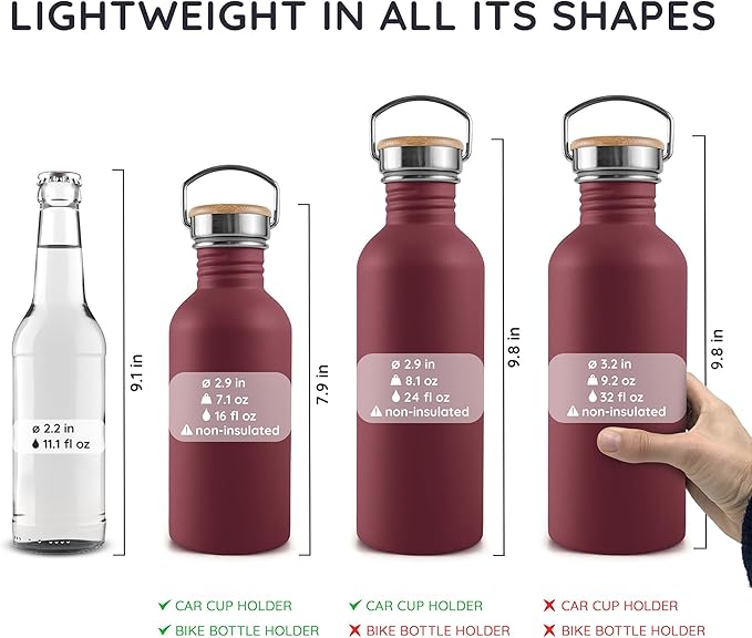 Bambaw 16 oz Water Bottle Non-insulated, Metal Water Bottle Red, Single Walled Stainless Steel Water Bottle, Leak Proof Water Bottle for School, BPA Free Water Bottle no Straw – Red Berry