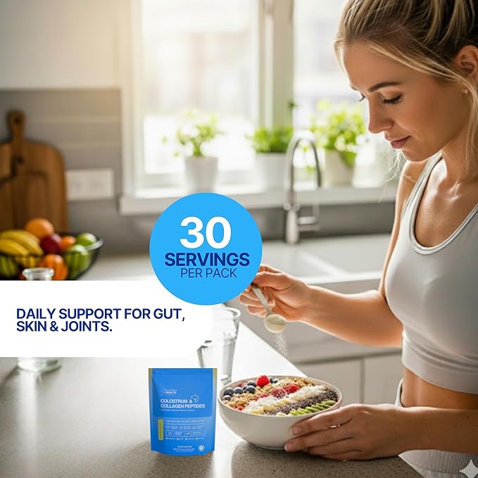 Grass-Fed Colostrum & Collagen Peptides with Probiotics + Vitamin B12 – 800mg IgG for Immune, Gut & Beauty Support – Ethically Sourced, Non-GMO, Hormone-Free, Filler-Free, 30 Servings, 5.11 oz