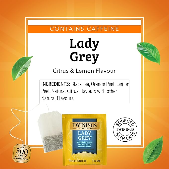 Twinings Lady Grey Black Tea Individually Wrapped Bags, 100 Count (Pack of 1), Orange Peel & Lemon Peel, Fresh and Uplifting, Caffeinated, Enjoy Hot or Iced, 100 Teabags