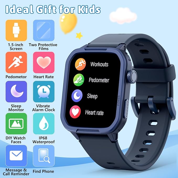 Kids Smart Watch for Boy Girl, Kids Watches with 19 Sport Modes, Heart Rate, Sleep Monitor, Pedometer, Alarm Clock, IP68 Waterproof Fitness Tracker, Gift for 6-16 Year Old Boys Girls Toys (Blue)