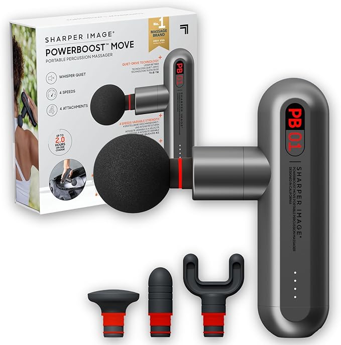 Sharper Image Percussion Massage Gun, Powerboost Move, Lightweight & Portable, 4 Attachments, 4 Speeds, Full Body Back & Shoulder Massager for Deep Tissue Muscle Recovery, Pain Relief & Soreness