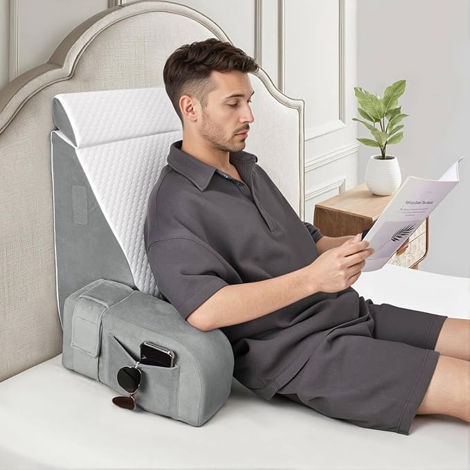 Reading Pillow for Sitting in Bed Adult, Back Pillow for Bed Sitting up, Reading & Bed Rest Pillows for Watching (White/Gray)