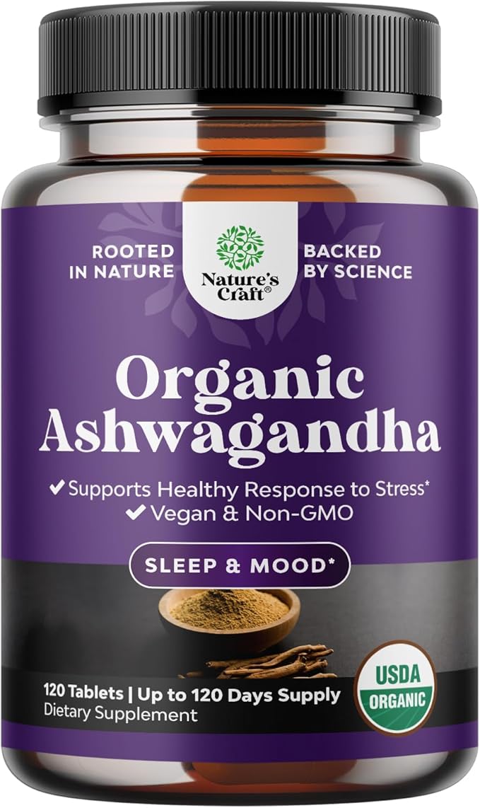 High Strength Organic Ashwagandha Supplements - Ashwagandha Organic Tablets for Mood Support & Hormone Balance for Women & Men - Root Extract Powder with Black Pepper for Better Absorption - 120 Ct
