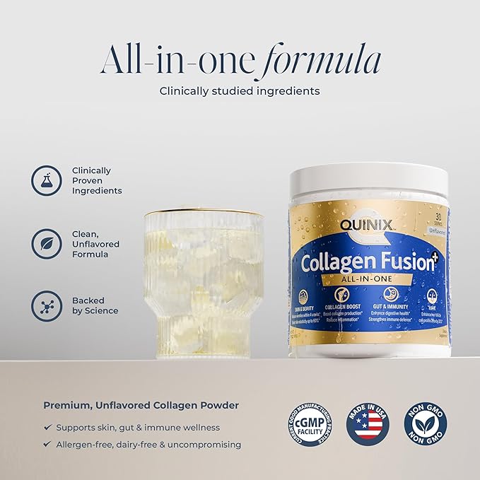 QUINIX Collagen Fusion+ 7-in-1 | VERISOL Collagen Peptides, ImmunoLin IgG, Vitamin C, Hyaluronic Acid, Dermaval & Probiotics | Skin, Hair & Nails, Gut & Immune Support | Unflavored Powder, 30 Servings