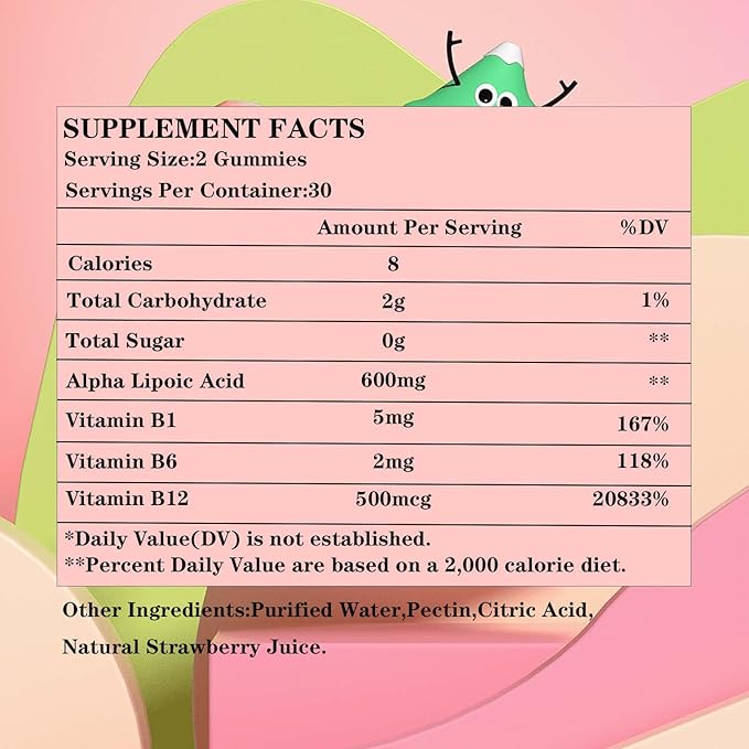 Alpha Lipoic Acid Gummies 600mg with Vitamin B1,B6 & B12,Sugar Free,ALA Supplement for Energy* & Vi*tality,High Absorption,Non-GMO, Vegan, Gluten-Free,Raspberry Flavor,60 Gummies