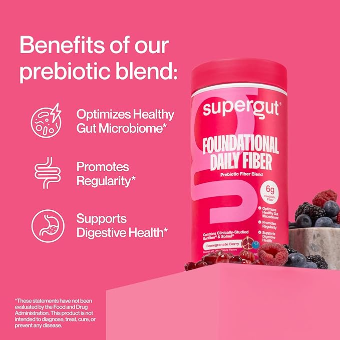Supergut Foundational Daily Fiber Powder, Sugar Free & Vegan Prebiotic Fiber Blend for Gut Health & Digestive Support, Supplement for Men & Women with Solnul & Sunfiber, Pomegranate Berry, 18 Servings