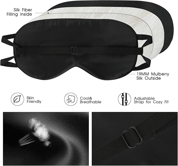 Adjustable Silk Sleeping Mask for Travel/Plane/Side Sleeper Pure Mulberry Silk Eye Mask for Sleep/Men/Women/Adults Thin Cooling Eye Cover,Black