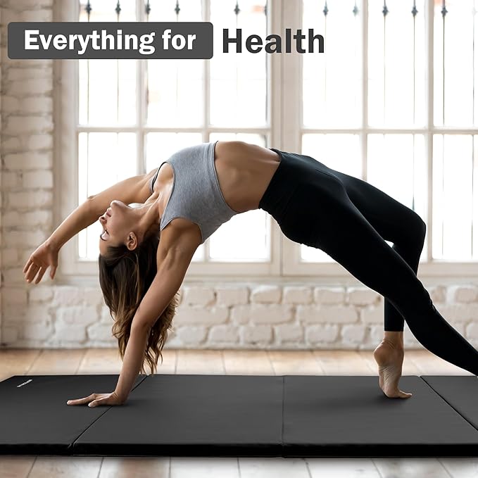 Folding Exercise Gymnastics Mat, 4'x8'x2" Gym Workout Mat with Carrying Handles 4-Fold High-Density Anti-Tear Portable Fitness Aerobics Mat for Home Gym Yoga Pilates Tumbling MMA Core Training