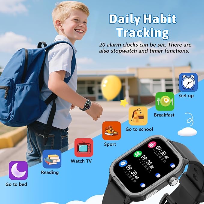 Kids Smart Watch for Boy Girl, Kids Watches with 19 Sport Modes, Heart Rate, Sleep Monitor, Pedometer, Alarm Clock, IP68 Waterproof Fitness Tracker, Gift for 6-16 Year Old Boys Girls Toys (Black)