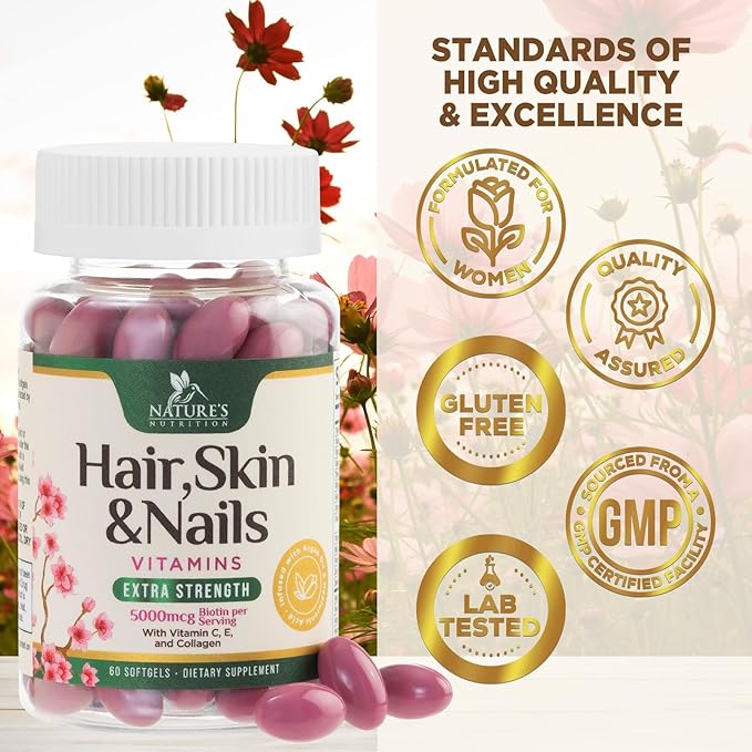 Hair, Skin & Nails Vitamins for Women - Biotin 5000mcg to Support Hair Growth with Argan Oil, Collagen & Hyaluronic Acid, Beautiful, Stronger Skin, Hair & Nails Vitamin Supplement - 60 Softgels