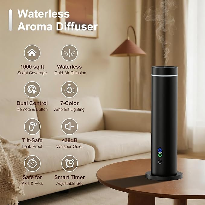 Waterless Diffuser, 1000 Sq.Ft Coverage, Essential Oil Diffuser with Tilt-Safe, Remote Control, Adjustable Mist Mode, Mood Lights Aromatherapy Diffuser for Home, Large Room, Office, Hotel, Black