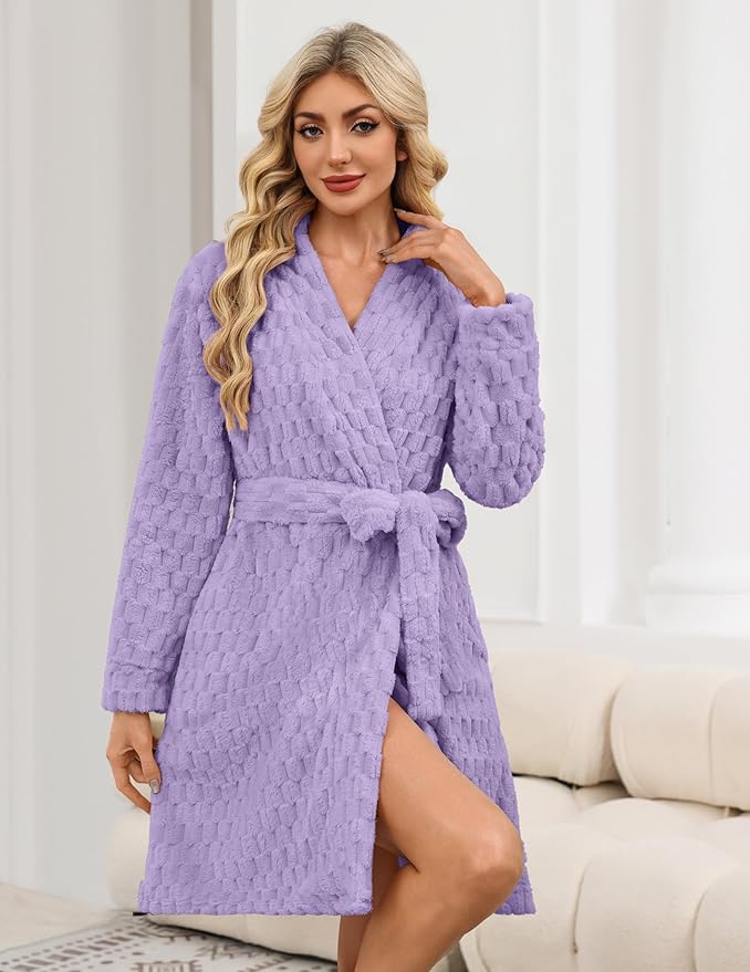 Ekouaer Women's Robes Short Plush Bathrobe Knee Length Warm Soft Jacquard Robe Winter House Coat with Pockets S-XXL