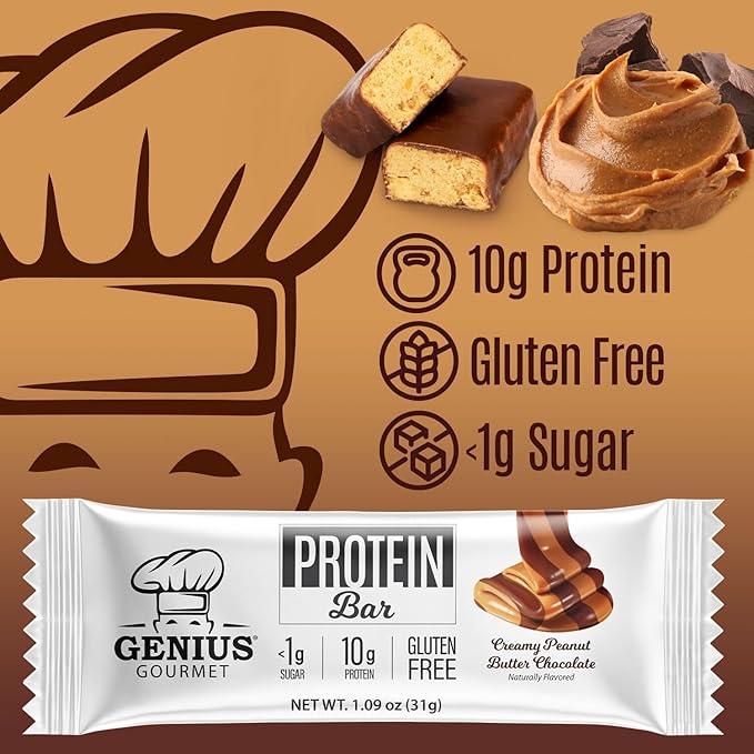 Genius Gourmet Protein Bar, Chocolate Peanut Butter, Keto Snack, Low Carb, Low Sugar & Gluten Free, Protein Snacks for Adults, 10G of Whey Protein per Protein Bar, 5 Net Carbs, 20 Count