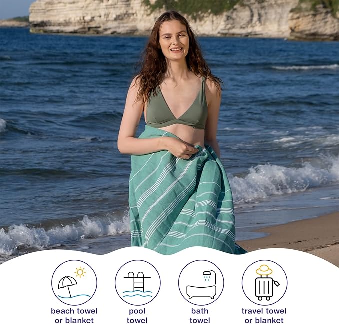 Turkish Beach Towels, Pack of 4 | Oversized, Quick Dry, Sand Free | 100% Cotton, Large 38x71 Towels for Beach, Pool, Travel | Ultra-Soft, Compact, and Absorbent | Green