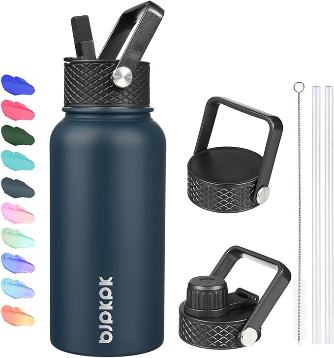 BJPKPK Insulated Water Bottles with Straw Lid, 27oz Stainless Steel Water Bottle with 3 Lids, Leak Proof BPA Free Metal Thermo, Mugs, Tumblers, Keep Cold Hot - Navy Blue