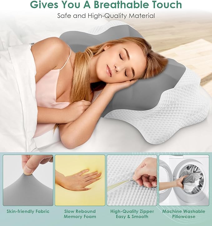 DONAMA Cervical Pillow for Sleeping, Contour Memory Foam Pillow for Neck and Shoulder Support, Ergonomic Neck Pillow for Side Back Stomach Sleepers, Bed Pillows with Cooling Pillowcase