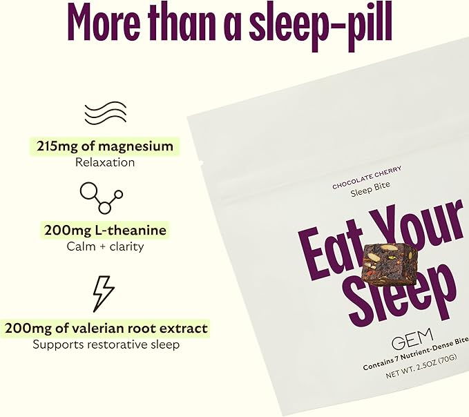 GEM Sleep Aid, Nighttime Bite, Melatonin Free, L-Theanine, Magnesium, Valerian Root Extract | Vegan and Gluten Free | Earthy Chocolate Cherry (28 Pack)