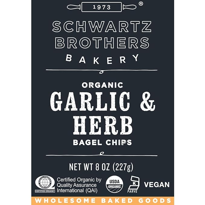 Garlic & Herb Bagel Chips NY Style Bagel Crisps. Organic, Vegan, Kosher. From the artisans of Schwartz Brothers Bakery. Baked Fresh. Twice Baked. 8 ounce container. Great Snack. Delicious. Pack of 4.